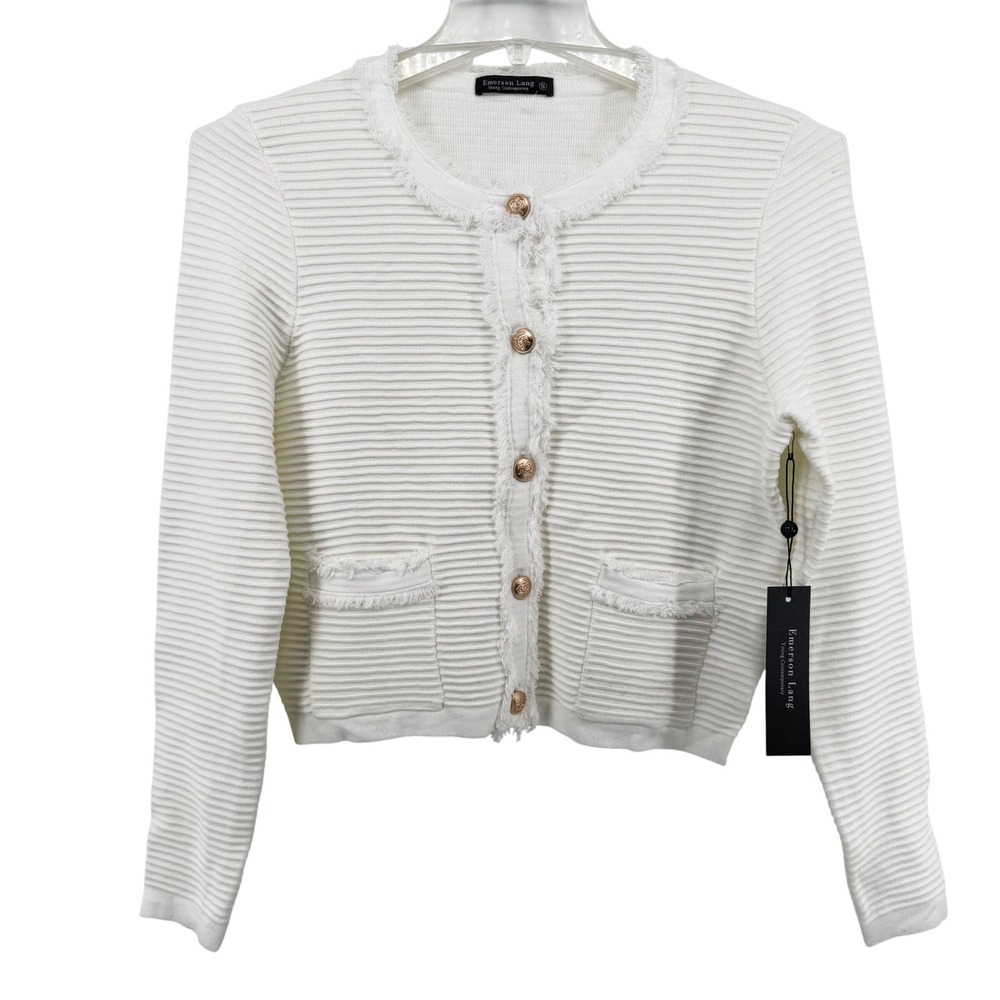 NWT Emerson Lang Womens Cream Ribbed Fringed Trim Button Front Cardigan Size S - Picture 1 of 10